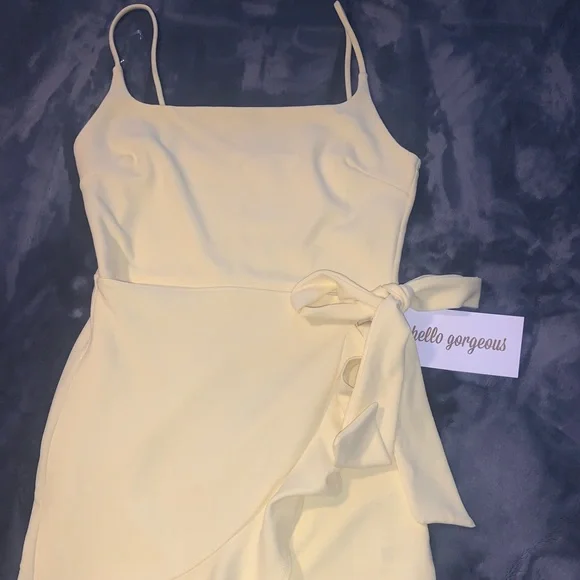 strapless open back dress Butter Yellow Floaty Cotton Dress with Lace Top